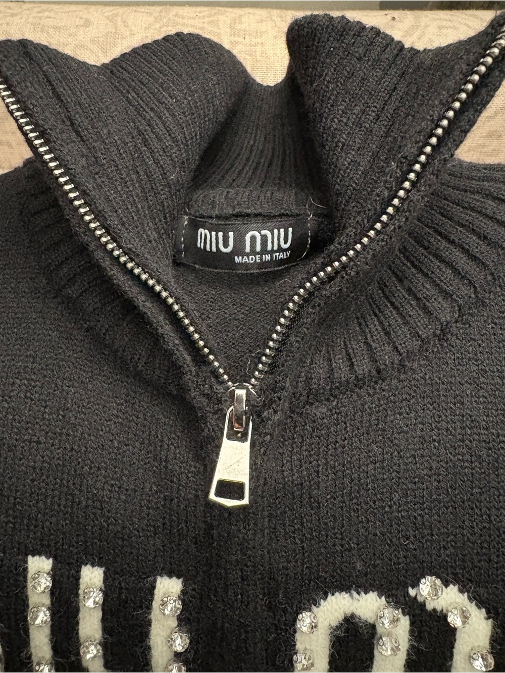 Miu Miu Black and Cream Beaded Zip-Front Logo Knit Cardigan - Picture 3 of 4